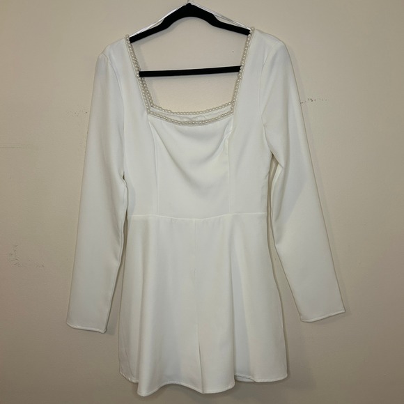 Lulus Aesthetic White Pearl Bow Long Sleeve Romper Medium - Picture 4 of 12